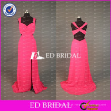 ED Bridal Sexy sem mangas Crisscross Back Split Side Plissado Melancia Red Chiffon Long Prom Dress 2017